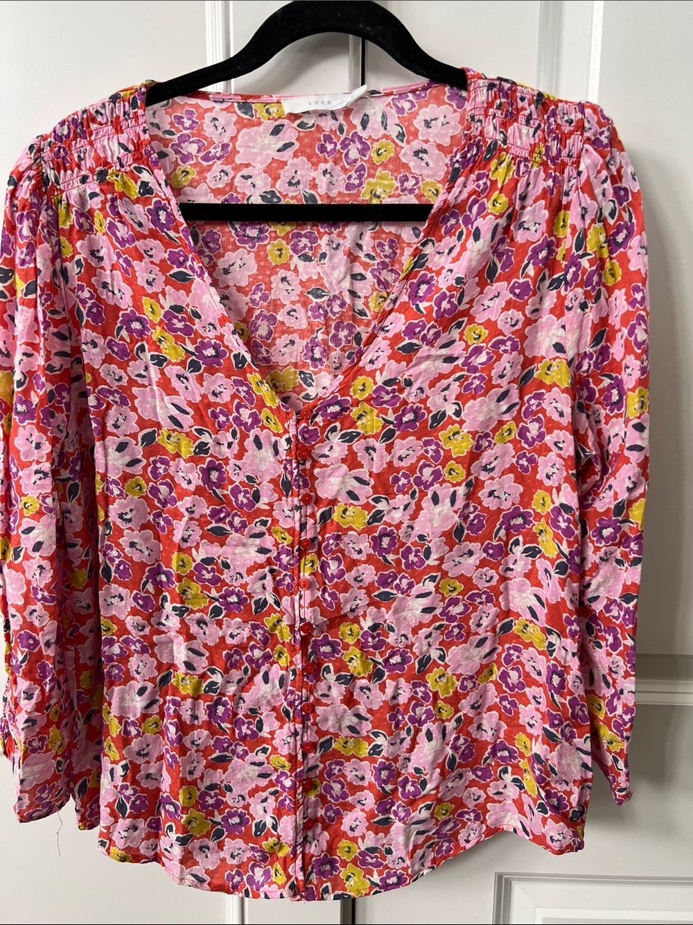 Lush Pink Multi Floral V-Neck Button Front Blouse
